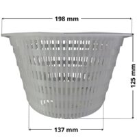 Vista laterale del cestello ricambio per skimmer Classic, sfioratore dritto e ad angolo Aqua con quote dimensionali: altezza 125 mm, diametro inferiore 137 mm, diametro superiore 198 mm.