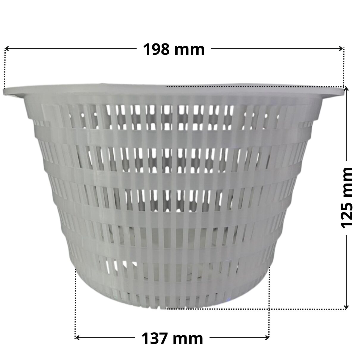 Vista laterale del cestello ricambio per skimmer Classic, sfioratore dritto e ad angolo Aqua con quote dimensionali: altezza 125 mm, diametro inferiore 137 mm, diametro superiore 198 mm.