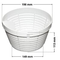 Cestello ricambio per skimmer Elegance A400 e Classic Weltico con quote dimensionali: altezza 113 mm, diametro inferiore 149 mm, diametro superiore 198 mm.