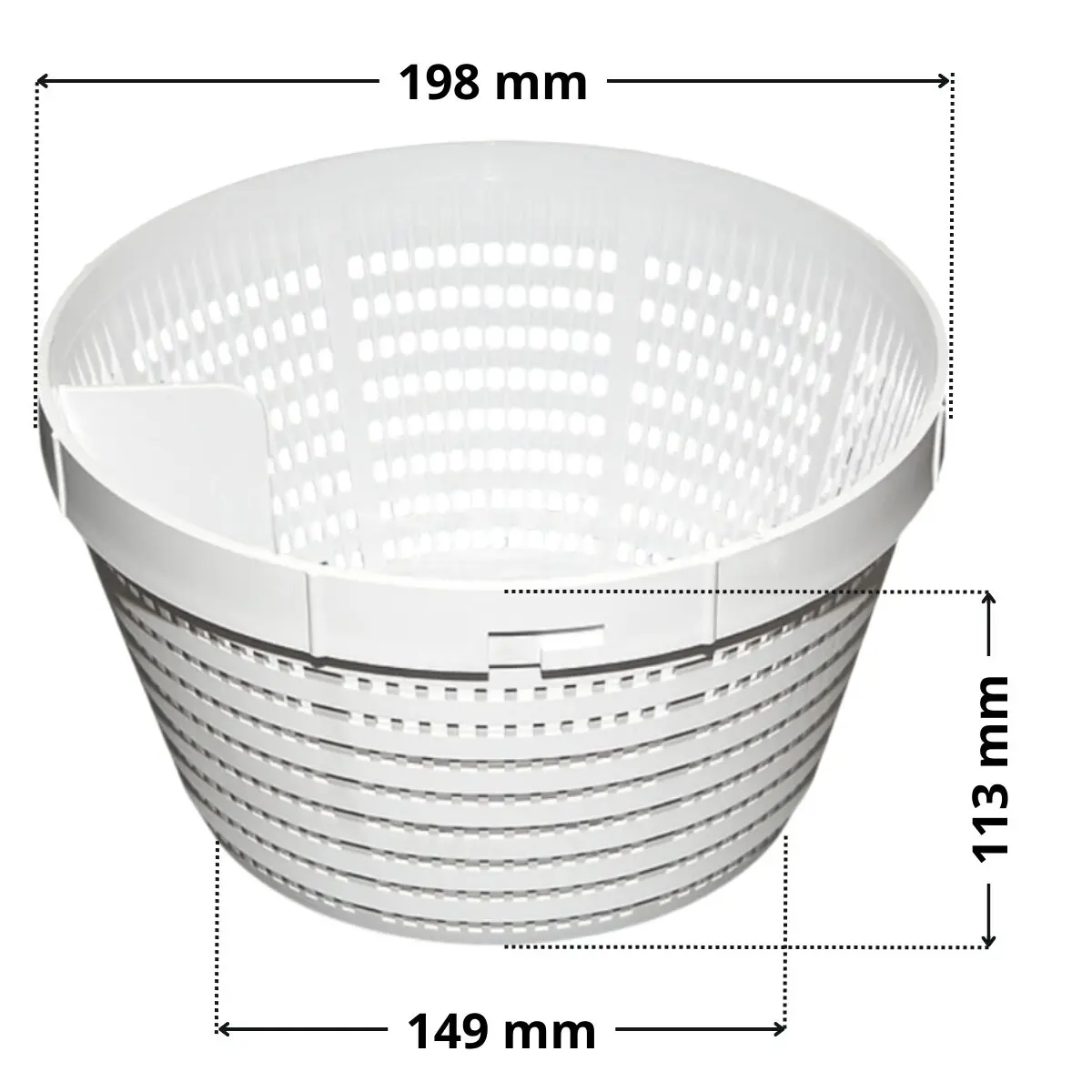 Cestello ricambio per skimmer Elegance A400 e Classic Weltico con quote dimensionali: altezza 113 mm, diametro inferiore 149 mm, diametro superiore 198 mm.