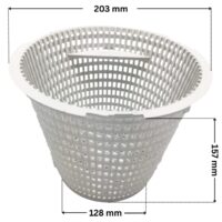 Cestello ricambio per skimmer HD100 Certikin con quote dimensionali: altezza 157 mm, diametro inferiore 128 mm, diametro superiore 203 mm.