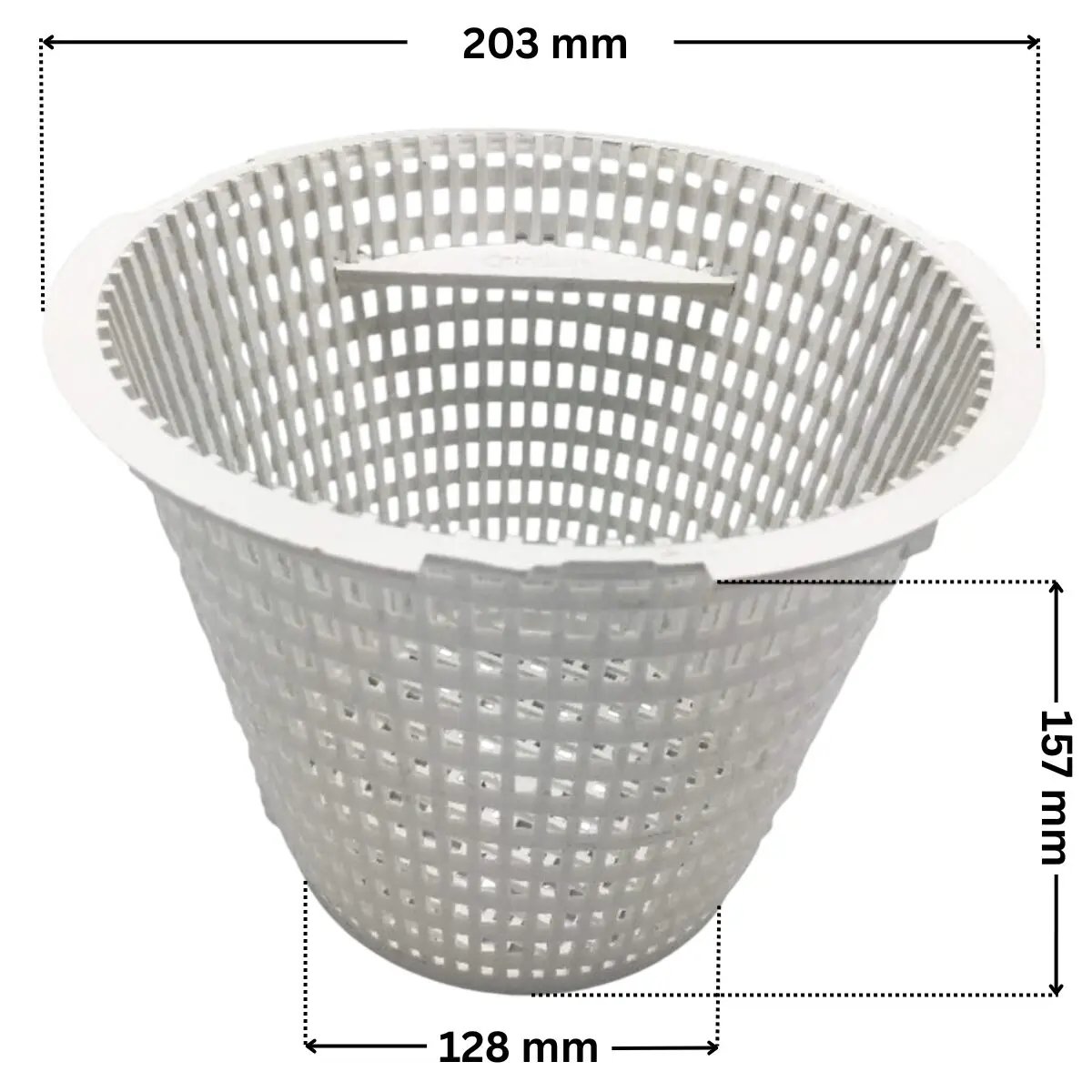 Cestello ricambio per skimmer HD100 Certikin con quote dimensionali: altezza 157 mm, diametro inferiore 128 mm, diametro superiore 203 mm.