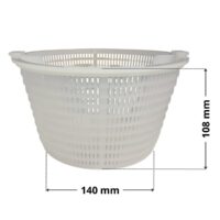 Vista laterale del cestello ricambio per skimmer sfioratore, bocca larga e bocca piccola Pool's con quote dimensionali: altezza 108 mm, diametro inferiore 140 mm