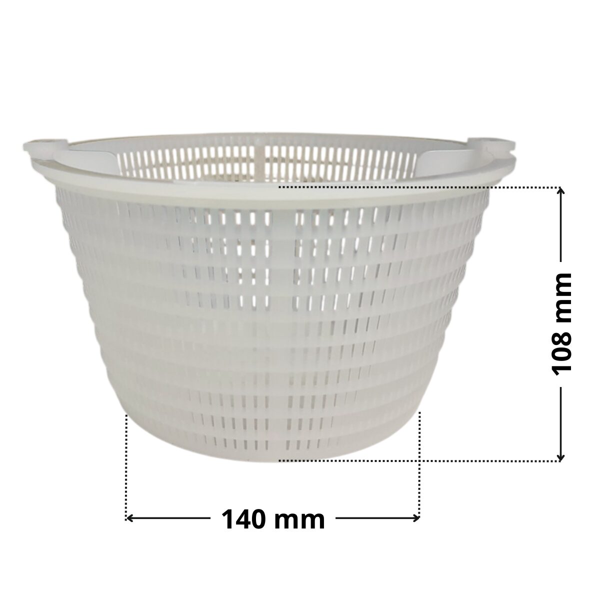 Vista laterale del cestello ricambio per skimmer sfioratore, bocca larga e bocca piccola Pool's con quote dimensionali: altezza 108 mm, diametro inferiore 140 mm