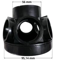 Vista laterale del collettore a 6 attacchi ricambio per filtro a sabbia portata 10 e 15 mc Pool's con quote dimensionali: diametro attacco superiore 56 mm, diametro ingombro inferiore 95,14 mm