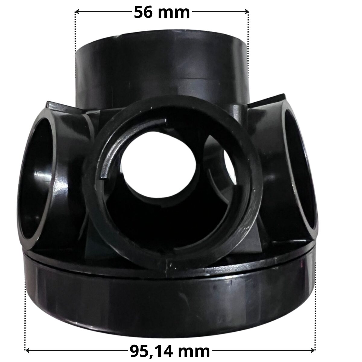 Vista laterale del collettore a 6 attacchi ricambio per filtro a sabbia portata 10 e 15 mc Pool's con quote dimensionali: diametro attacco superiore 56 mm, diametro ingombro inferiore 95,14 mm