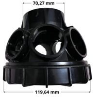 Vista laterale del collettore a 8 attacchi ricambio per filtro a sabbia portata 22 e 33 mc Pool's con quote dimensionali: diametro attacco superiore 70,27 mm, diametro ingombro inferiore 119,64 mm