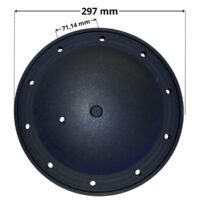 Vista inferiore coperchio con 10 fori ricambio per filtro a sabbia portata 10 e 15 mc Pool's con quote dimensionali: interasse fori 71,14 mm, diametro esterno 297 mm