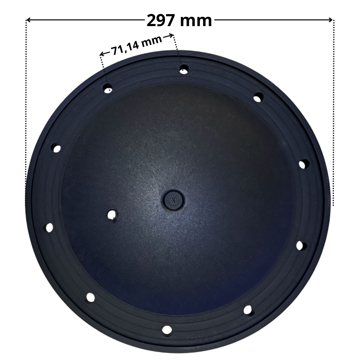 Vista inferiore coperchio con 10 fori ricambio per filtro a sabbia portata 10 e 15 mc Pool's con quote dimensionali: interasse fori 71,14 mm, diametro esterno 297 mm