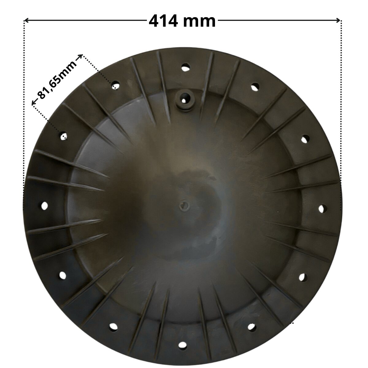 Vista superiore coperchio con 12 fori ricambio per filtro a sabbia portata 15 22 e 33 mc Pool's con quote dimensionali: interasse fori 81,65 mm, diametro esterno 414 mm