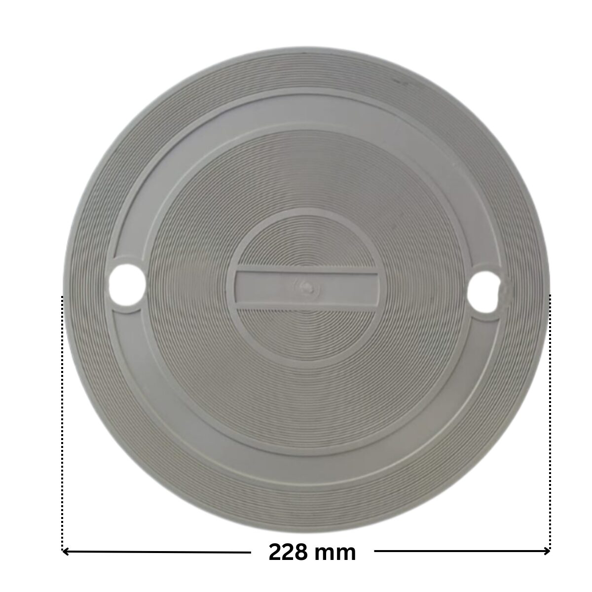 Coperchio visto da sopra, ricambio per skimmer sfioratore, bocca larga e bocca piccola Pool's con quote dimensionali: diametro esterno 228 mm.
