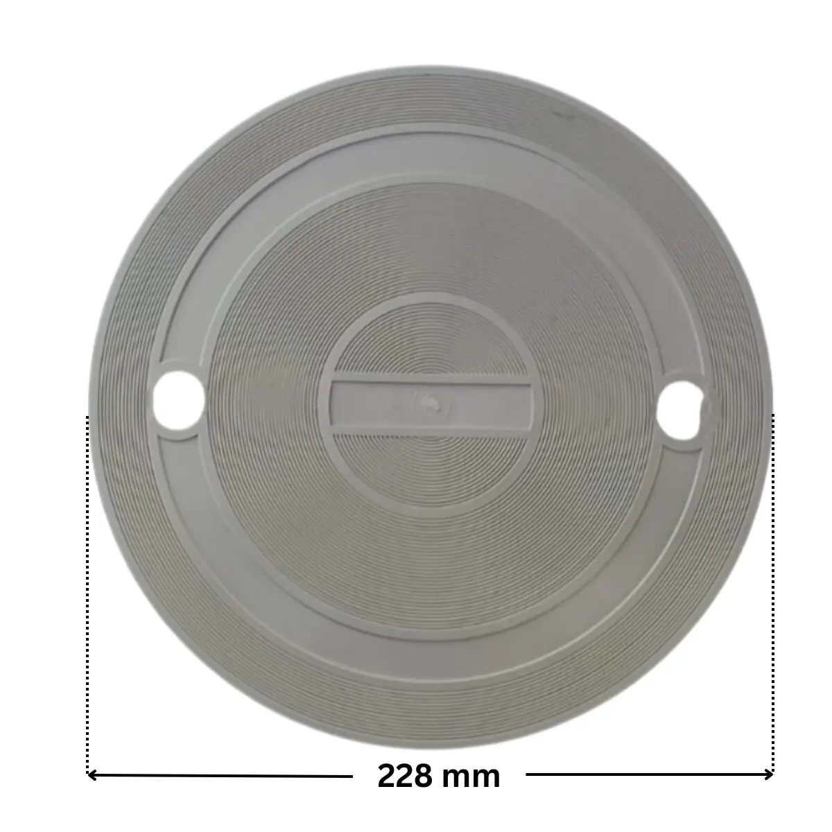 Coperchio visto da sopra, ricambio per skimmer sfioratore, bocca larga e bocca piccola Pool's con quote dimensionali: diametro esterno 228 mm.