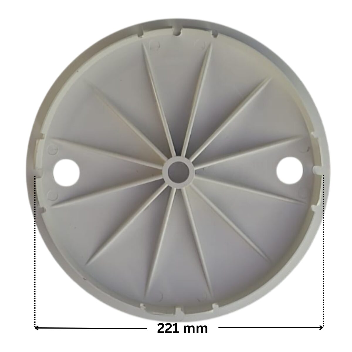 Coperchio visto da sotto, ricambio per skimmer sfioratore, bocca larga e bocca piccola Pool's con quote dimensionali: diametro interno 221 mm.
