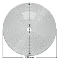 Coperchio ricambio per skimmer HD100 Certikin con quote dimensionali: diametro esterno 250 mm, interasse fori fissaggio viti 241 mm.