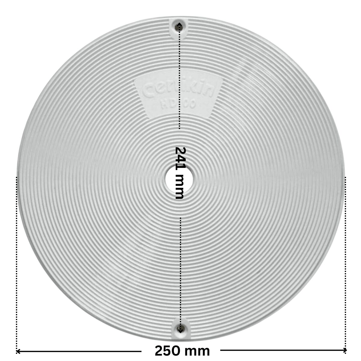 Coperchio ricambio per skimmer HD100 Certikin con quote dimensionali: diametro esterno 250 mm, interasse fori fissaggio viti 241 mm.