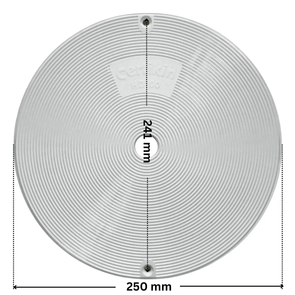 Coperchio ricambio per skimmer HD100 Certikin con quote dimensionali: diametro esterno 250 mm, interasse fori fissaggio viti 241 mm.