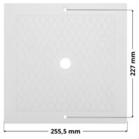 Coperchio quadrato ricambio per skimmer SP1082, SP1084, SP1085, SP1085C Hayward con quote dimensionali: larghezza esterna 255,5 mm, interasse viti di fissaggio 227 mm.