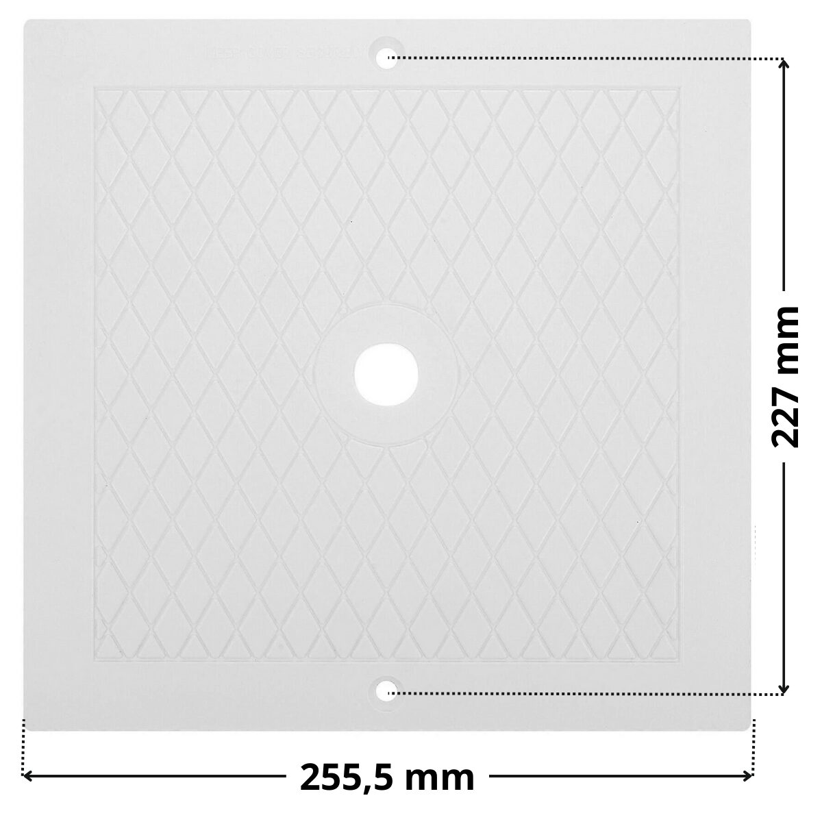 Coperchio quadrato ricambio per skimmer SP1082, SP1084, SP1085, SP1085C Hayward con quote dimensionali: larghezza esterna 255,5 mm, interasse viti di fissaggio 227 mm.