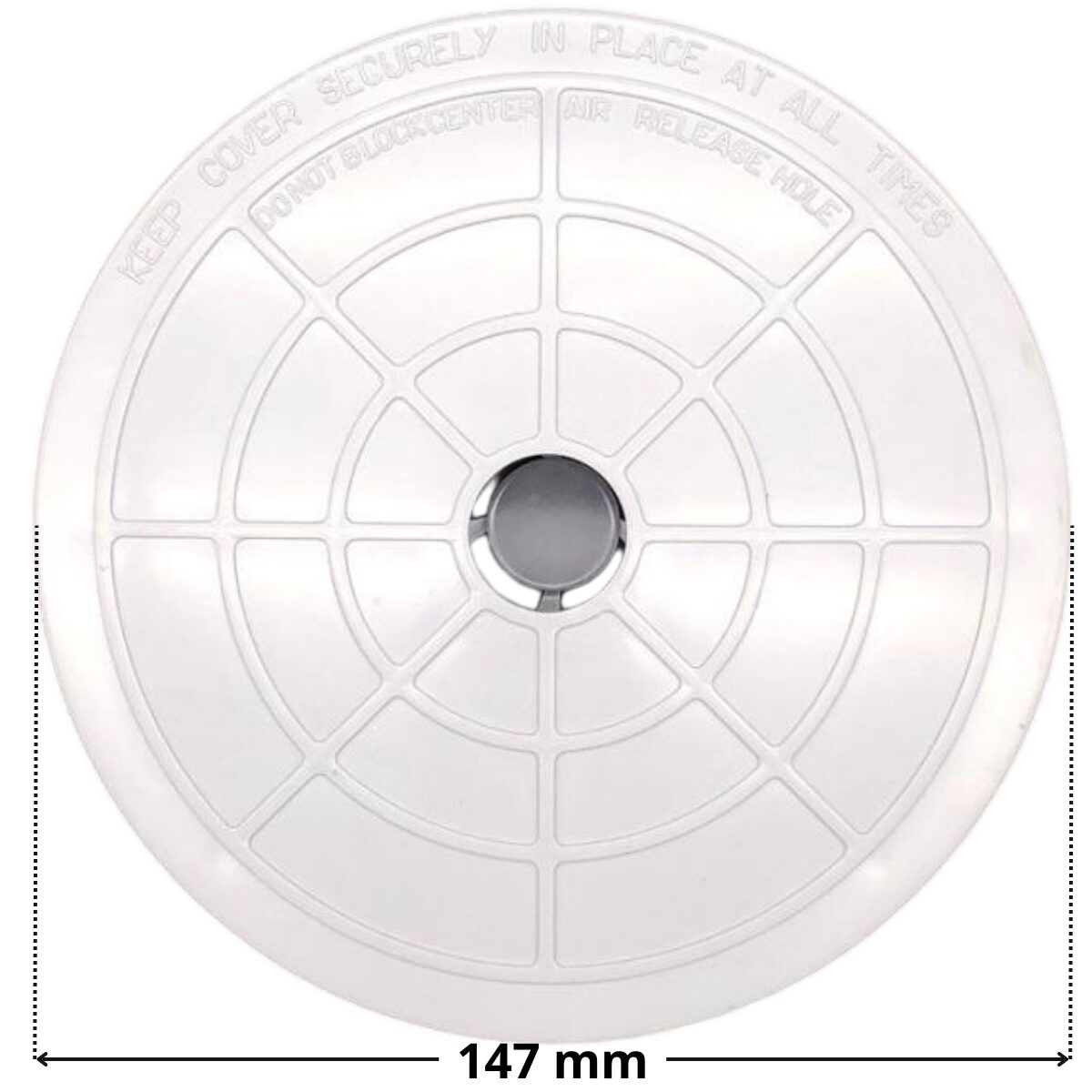 Coperchio ricambio visto da sopra per skimmer SP1094 Hayward con quote dimensionali: diametro esterno 147 mm