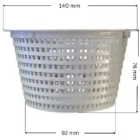 Cestello forma conica, ricambio, vista laterale, per skimmer SP1094 Hayward con quote dimensionali: diametro esterno inferiore 92 mm, diametro esterno superiore 140 mm, altezza esterna 76 mm.
