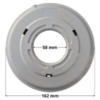 Vista frontale del copriflangia ricambio per faro subacqueo dicroico Astralpool con quote dimensionali: diametro esterno 162 mm e diametro interno 58 mm