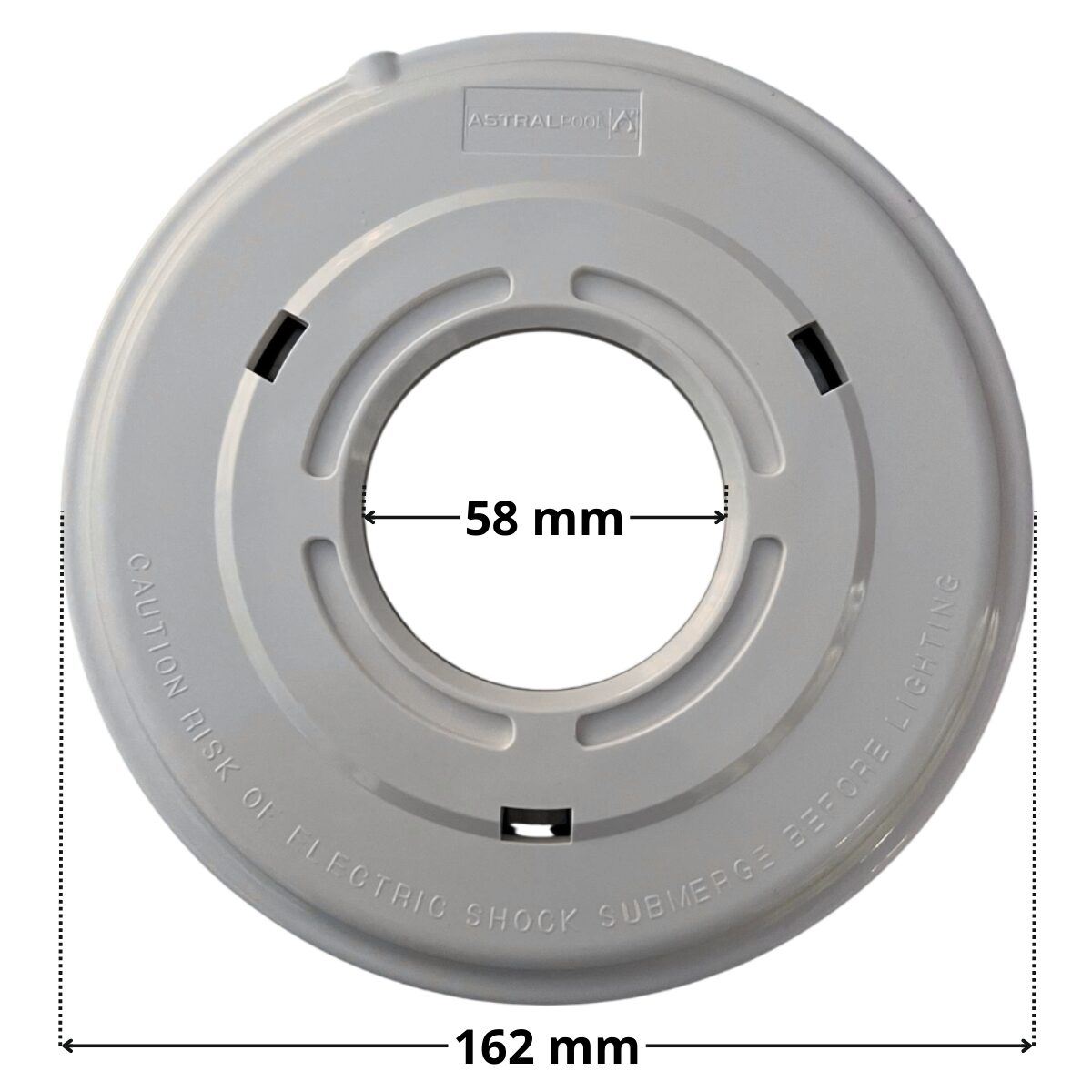 Vista frontale del copriflangia ricambio per faro subacqueo dicroico Astralpool con quote dimensionali: diametro esterno 162 mm e diametro interno 58 mm