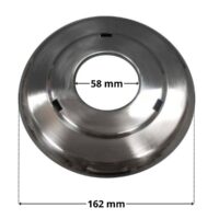 Vista frontale del copriflangia in acciaio ricambio per faro subacqueo dicroico Astralpool con quote dimensionali: diametro esterno 162 mm e diametro interno 58 mm