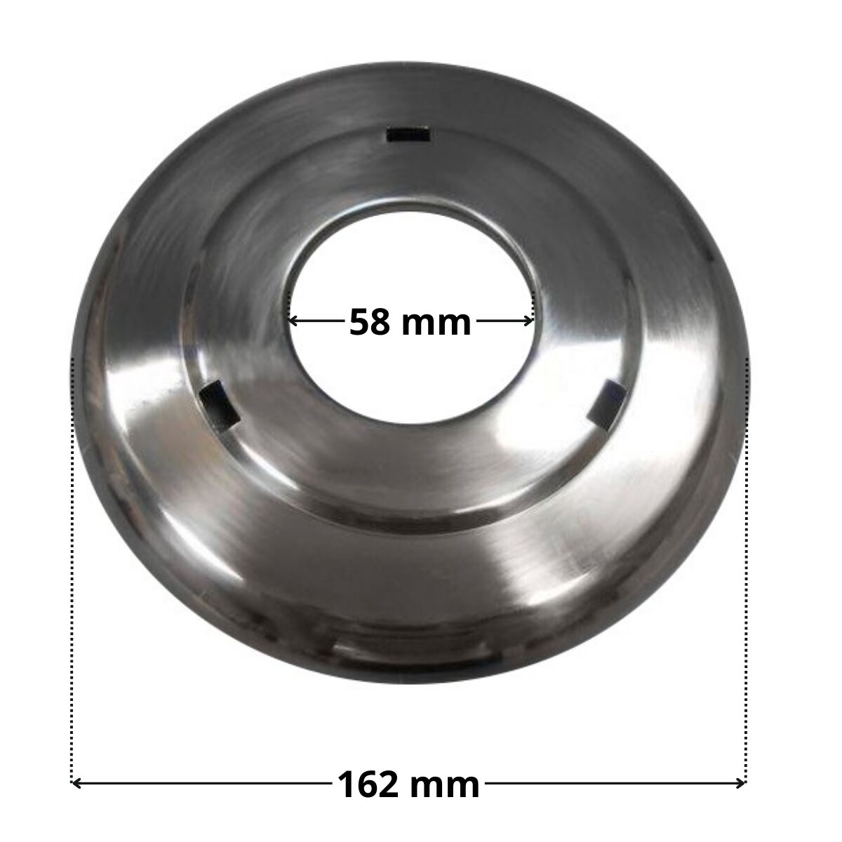 Vista frontale del copriflangia in acciaio ricambio per faro subacqueo dicroico Astralpool con quote dimensionali: diametro esterno 162 mm e diametro interno 58 mm