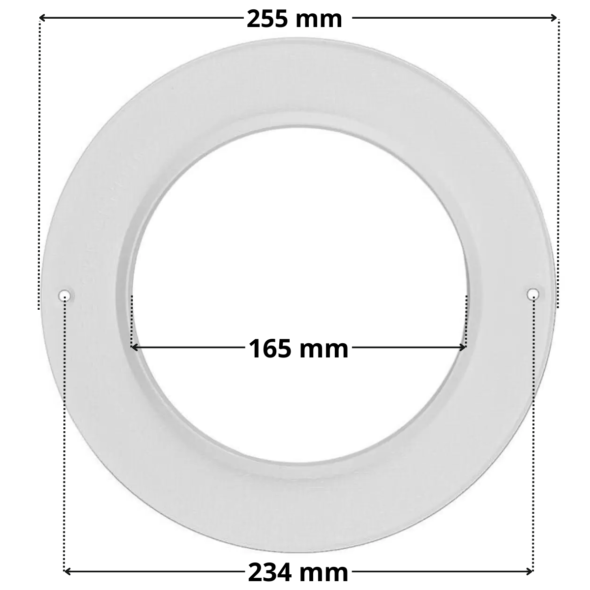 Vista frontale del copriflangia lampada ricambio per faro subacqueo PU09 Certikin con quote dimensionale: diametro esterno 255 mm diametro foro centrale 165 mm interasse fori ancoraggio viti 234 mm