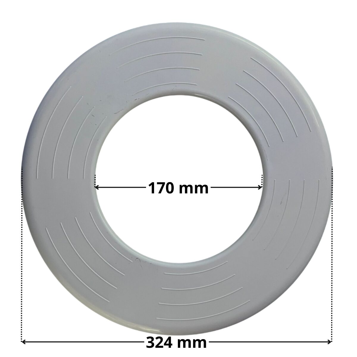 Vista frontale del copriflangia ricambio per faro subacqueo Aqua con quote dimensionali: diametro esterno 324 mm e diametro interno 170 mm