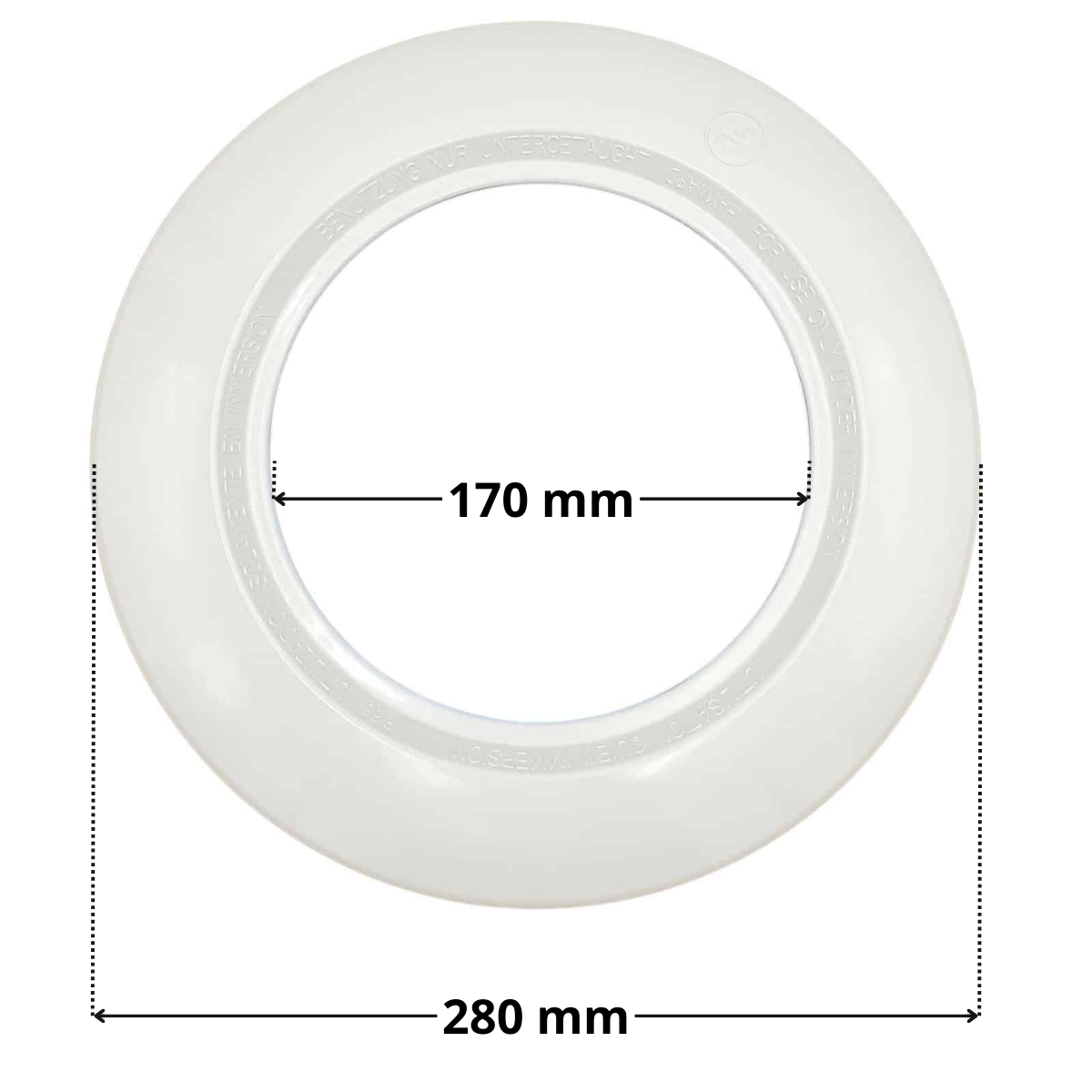 Vista frontale copriflangia ricambio per faro subacqueo Cofies con quote dimensionali: diametro esterno 280 mm e diametro interno 170 mm