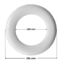 Vista frontale del copriflangia ricambio per faro subacqueo Elegance post 2007 Weltico con quote dimensionali: diametro esterno 291 mm e diametro interno 169 mm