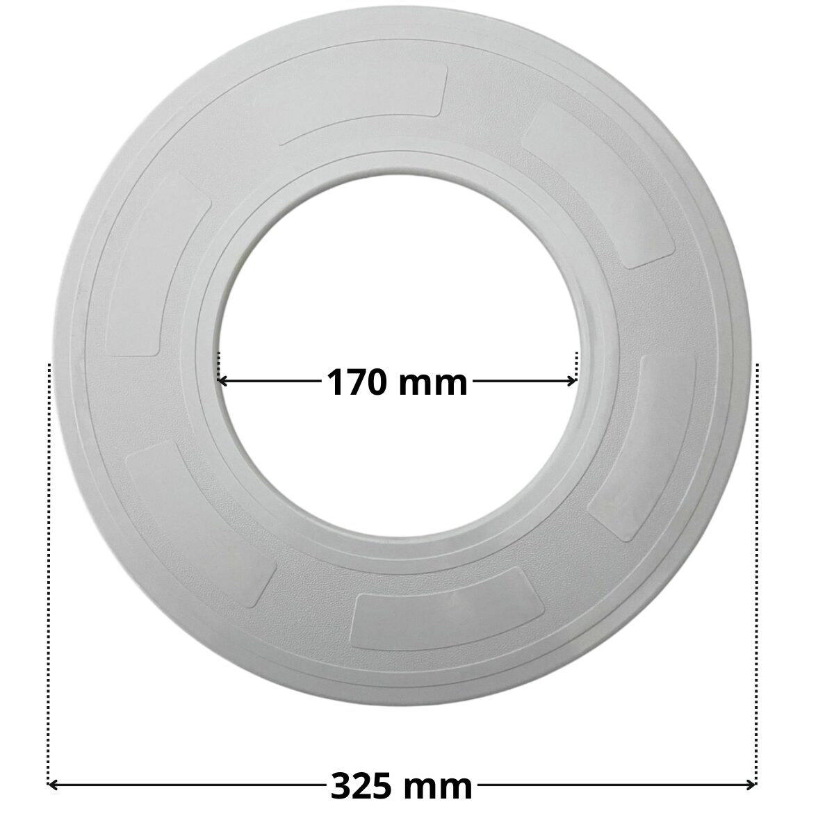 Vista frontale del copriflangia ricambio per faro subacqueo Ex 300 watt e LED diametro 270 mm Pool's con quote dimensionali: diametro esterno 325 mm e diametro interno 170 mm.