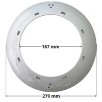 Vista frontale del copriflangia ricambio per faro subacqueo Extra piatto Astralpool con quote dimensionali: diametro esterno 279 mm e diametro interno 167 mm.