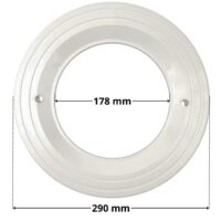 Vista frontale del copriflangia ricambio per faro subacqueo PL-PB84 Aquareva con quote dimensionali: diametro esterno 290 mm e diametro interno 178 mm.