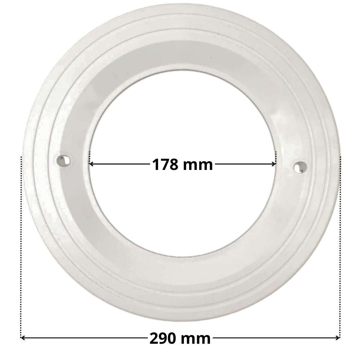 Vista frontale del copriflangia ricambio per faro subacqueo PL-PB84 Aquareva con quote dimensionali: diametro esterno 290 mm e diametro interno 178 mm.