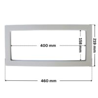 Copriflangia ricambio per skimmer 3118 e 3119 Cofies, forma rettangolare con foro centrale rettangolare. Dimensioni indicate: larghezza esterna 460 mm, altezza esterna 219 mm, larghezza interna del foro rettangolare 400 mm, altezza interna del foro rettangolare 158 mm.