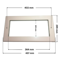 Copriflangia ricambio per skimmer bocca larga Pool's con quote dimensionali: lunghezza esterna 457 mm, altezza esterna 245 mm, altezza foro interno 153 mm, lunghezza foro interno 364 mm e interasse fori di fissaggio 403 mm.