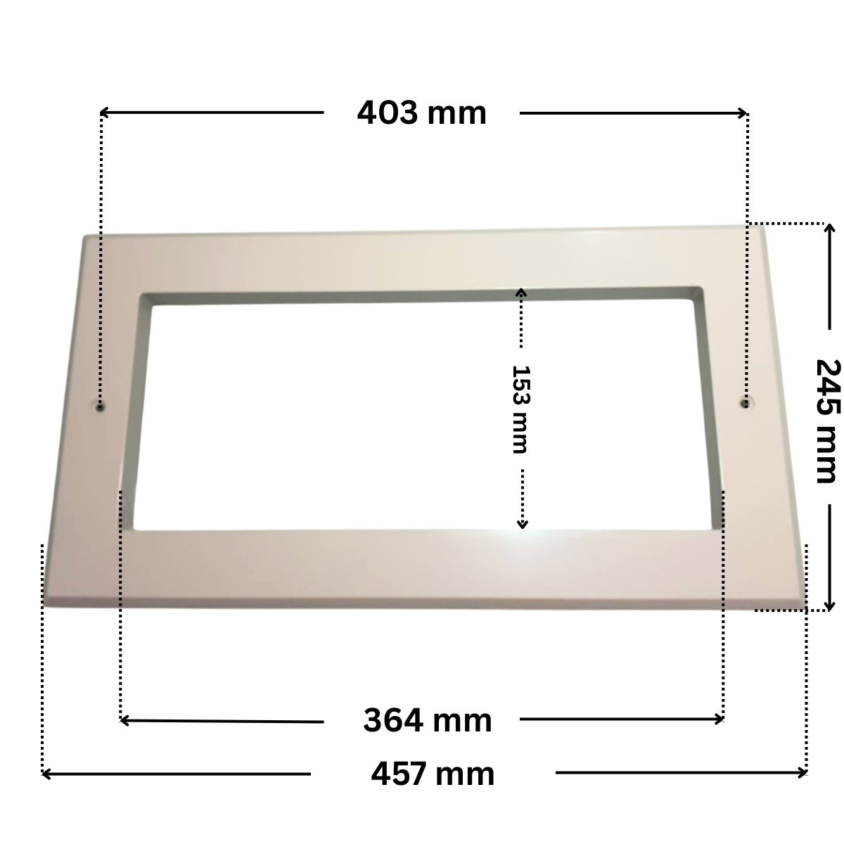 Copriflangia ricambio per skimmer bocca larga Pool's con quote dimensionali: lunghezza esterna 457 mm, altezza esterna 245 mm, altezza foro interno 153 mm, lunghezza foro interno 364 mm e interasse fori di fissaggio 403 mm.