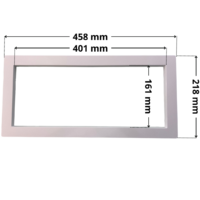 Copriflangia ricambio per skimmer Classic Aquareva, forma rettangolare con foro centrale rettangolare. Dimensioni indicate: larghezza esterna 458 mm, altezza esterna 218 mm, larghezza interna del foro rettangolare 401 mm, altezza interna del foro rettangolare 161 mm.