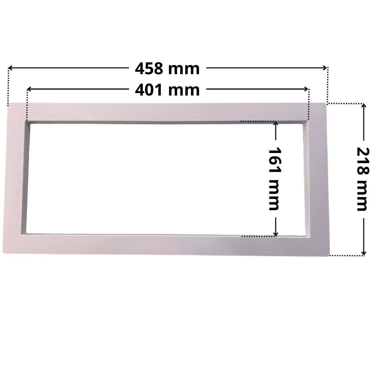 Copriflangia ricambio per skimmer Classic Aquareva, forma rettangolare con foro centrale rettangolare. Dimensioni indicate: larghezza esterna 458 mm, altezza esterna 218 mm, larghezza interna del foro rettangolare 401 mm, altezza interna del foro rettangolare 161 mm.