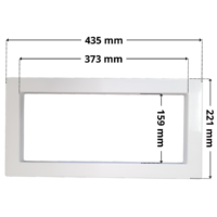 Copriflangia ricambio per skimmer Classic Weltico, forma rettangolare con foro centrale rettangolare. Dimensioni indicate: larghezza esterna 435 mm, altezza esterna 221 mm, larghezza interna del foro rettangolare 373 mm, altezza interna del foro rettangolare 159 mm.