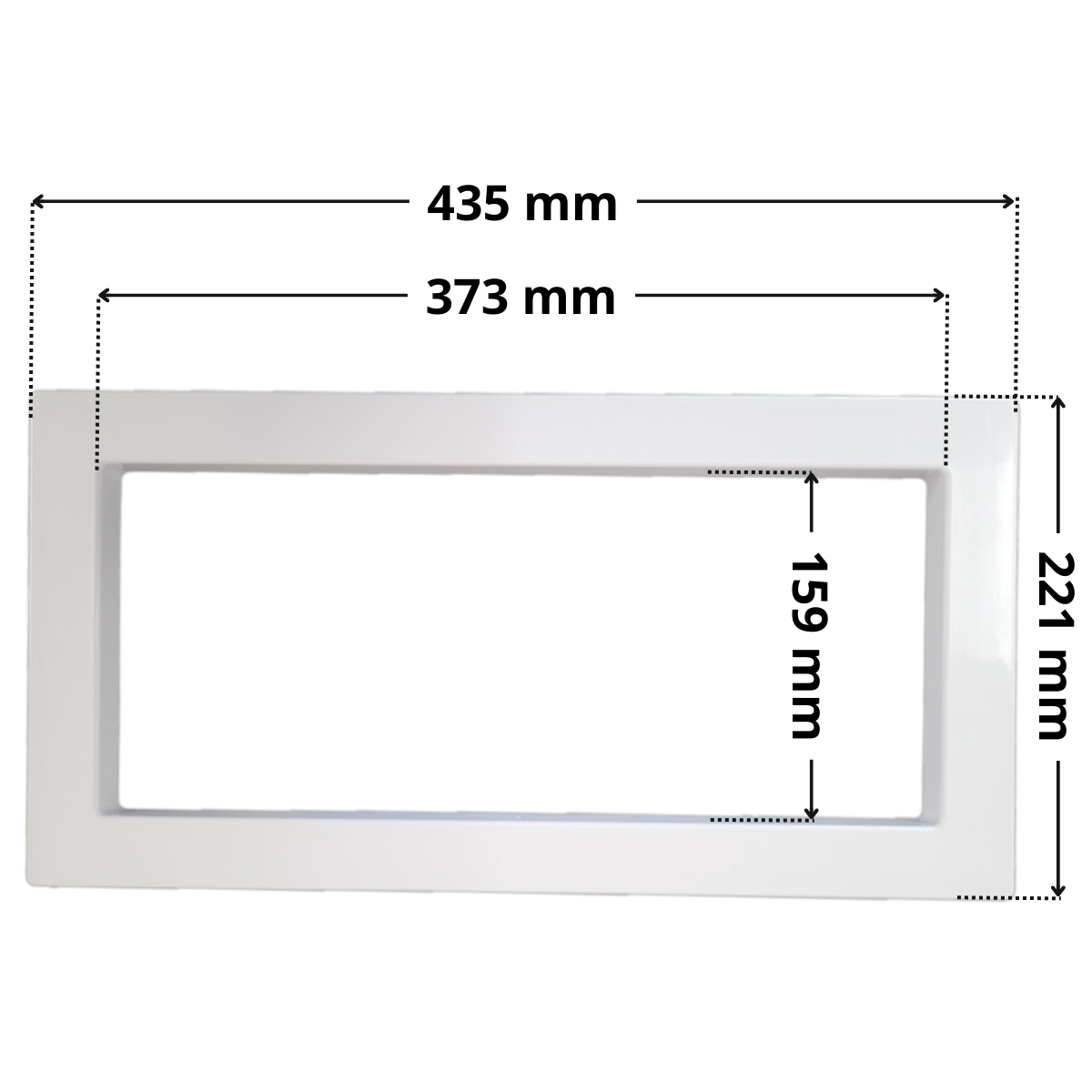 Copriflangia ricambio per skimmer Classic Weltico, forma rettangolare con foro centrale rettangolare. Dimensioni indicate: larghezza esterna 435 mm, altezza esterna 221 mm, larghezza interna del foro rettangolare 373 mm, altezza interna del foro rettangolare 159 mm.