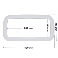 Copriflangia ricambio per skimmer Elegance A400, con foro centrale rettangolare. Dimensioni indicate: larghezza massima esterna 455 mm, altezza massima esterna 245 mm, larghezza massima interna del foro rettangolare 380 mm, altezza interna del foro rettangolare 170 mm.