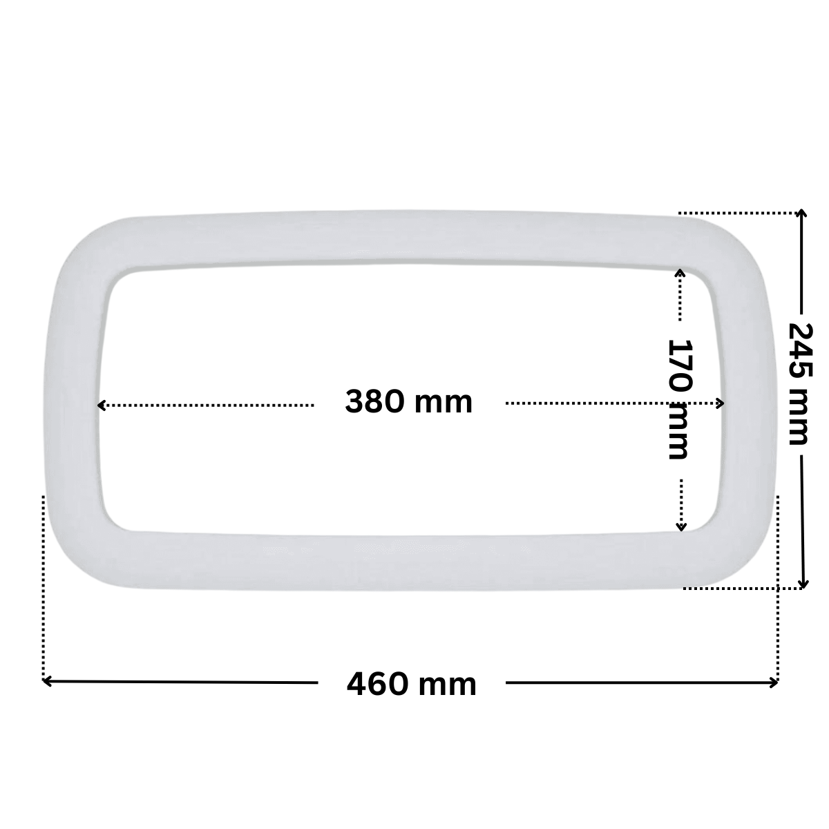 Copriflangia ricambio per skimmer Elegance A400, con foro centrale rettangolare. Dimensioni indicate: larghezza massima esterna 455 mm, altezza massima esterna 245 mm, larghezza massima interna del foro rettangolare 380 mm, altezza interna del foro rettangolare 170 mm.