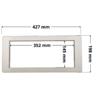 Copriflangia ricambio per skimmer HD100 Certikin, con foro centrale rettangolare. Dimensioni indicate: larghezza massima esterna 427 mm, altezza massima esterna 198 mm, larghezza massima interna del foro rettangolare 352 mm, altezza interna del foro rettangolare 145 mm.