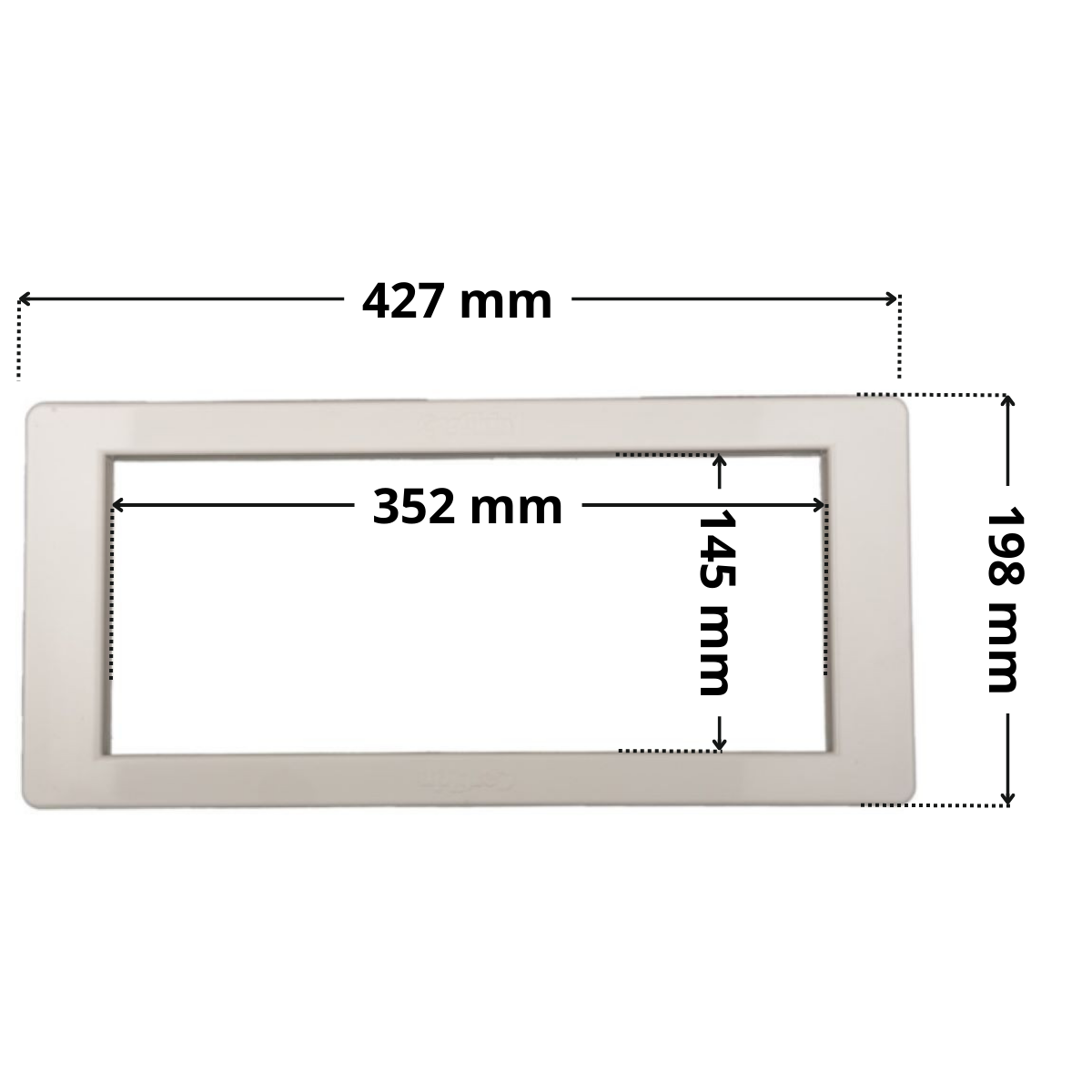 Copriflangia ricambio per skimmer HD100 Certikin, con foro centrale rettangolare. Dimensioni indicate: larghezza massima esterna 427 mm, altezza massima esterna 198 mm, larghezza massima interna del foro rettangolare 352 mm, altezza interna del foro rettangolare 145 mm.