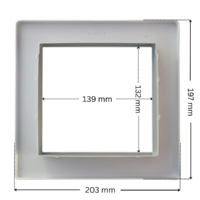 Copriflangia ricambio per skimmer SP1094, SP1097 Hayward, forma rettangolare con foro centrale rettangolare. Dimensioni indicate: larghezza esterna 203 mm, altezza esterna 197 mm, larghezza interna del foro rettangolare 139 mm, altezza interna del foro rettangolare 132 mm.