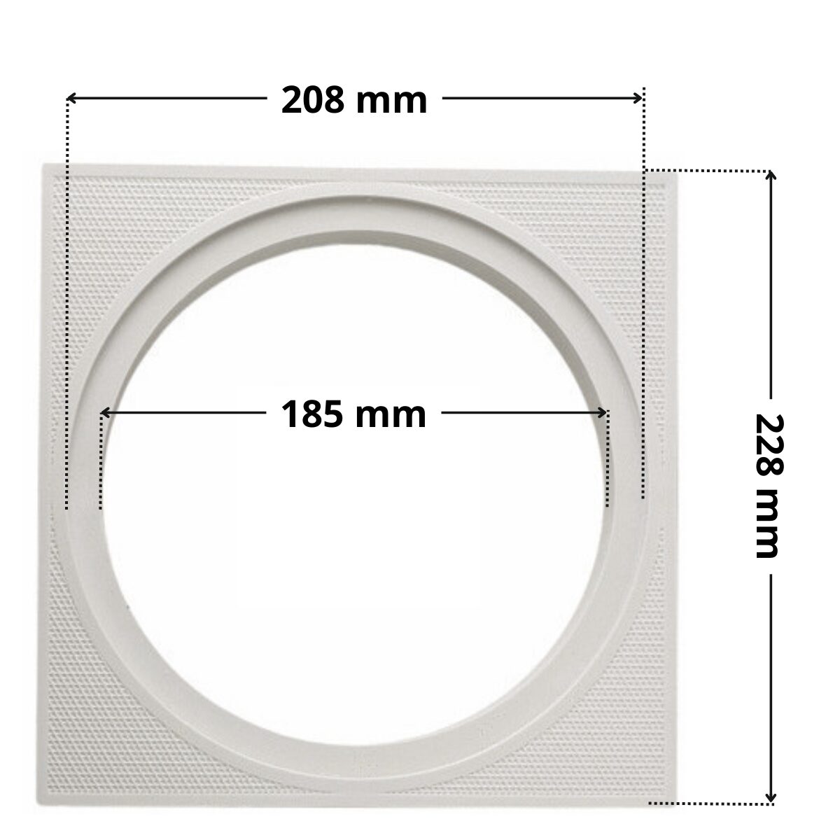 Cornice per coperchio ricambio per skimmer 3118 e 3119 Cofies con foro centrale rotondo. Dimensioni indicate: larghezza massima esterna 228 mm, diametro foro centrale 185 mm, diametro appoggio coperchio skimmer 208 mm.