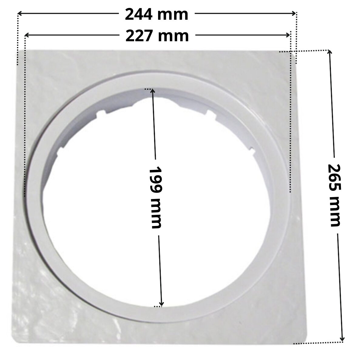 Cornice per coperchio ricambio per skimmer Elegance A400 e Classic Weltico, con foro centrale rotondo. Dimensioni indicate: larghezza massima esterna 265 mm, larghezza minima 244 mm, diametro foro centrale 199 mm, diametro appoggio coperchio skimmer 227 mm.